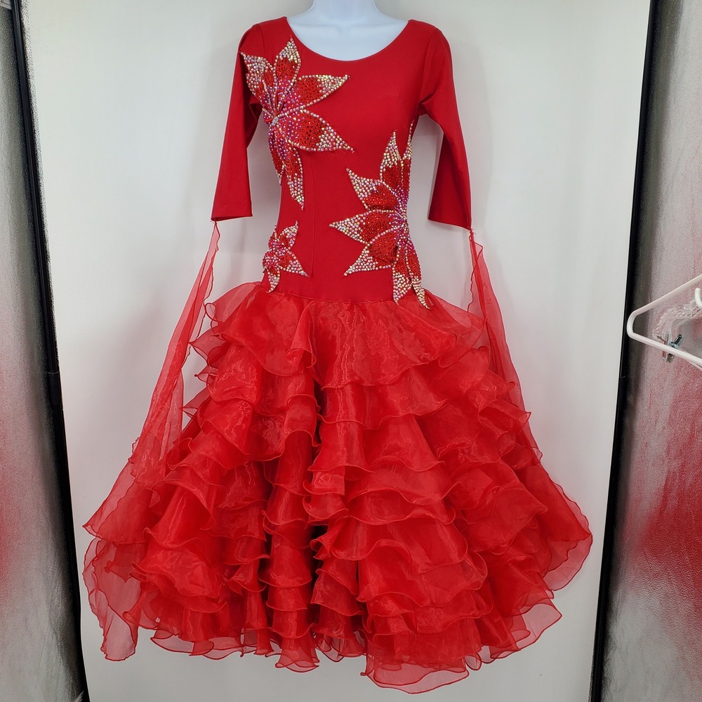 Yundance Red Rhinestone Floral Ballroom Dance Performance Dress Ruffled Skirt M